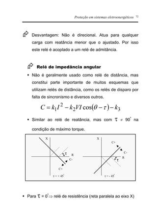 Proteção em sistemas eletroenergéticos 72
Æ Desvantagem: Não é direcional. Atua para qualquer
carga com reatância menor que o ajustado. Por isso
este relé é acoplado a um relé de admitância.
Æ Relé de impedância angular
§ Não é geralmente usado como relé de distância, mas
constitui parte importante de muitos esquemas que
utilizam relés de distância, como os relés de disparo por
falta de sincronismo e diversos outros.
( ) 32
2
1 cos kVIkIkC ---= tq
§ Similar ao relé de reatância, mas com t ¹ 90º
na
condição de máximo torque.
R
X
C-
C+
t = + 45º
R
X
C-
C+
t = - 45º
t
t
§ Para t = 0º
Þ relé de resistência (reta paralela ao eixo X)
 