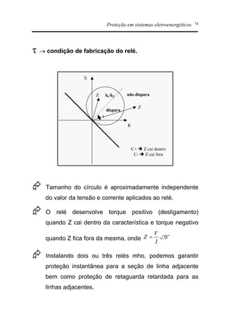 Proteção em sistemas eletroenergéticos 74
t ® condição de fabricação do relé.
R
X
t
dispara
k1/k2 não dispara
C+ è Z cai dentro
C- è Z cai fora
Z
Z
Æ Tamanho do círculo é aproximadamente independente
do valor da tensão e corrente aplicados ao relé.
Æ O relé desenvolve torque positivo (desligamento)
quando Z cai dentro da característica e torque negativo
quando Z fica fora da mesma, onde
o
I
V
Z 0Ð=
Æ Instalando dois ou três relés mho, podemos garantir
proteção instantânea para a seção de linha adjacente
bem como proteção de retaguarda retardada para as
linhas adjacentes.
 
