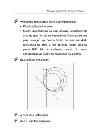Proteção em sistemas eletroenergéticos 75
Æ Vantagens com relação ao relé de impedância:
§ Direcionalidade inerente
§ Melhor acomodação de uma possível resistência de
arco do que no relé de impedância. Constata-se que
para proteger um mesmo trecho de linha sob dada
resistência de arco, o relé abrange menor área no
plano R-X. Isto é vantajoso quanto à menor
sensibilidade às possíveis oscilações do sistema.
Æ Relé mho de três zonas:
R
X
Z1
Z2
Z3
Æ A zona Z1 é instantânea.
Æ Z2 e Z3 são temporizados.
 