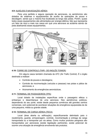 DIRENG
4.9- AUXÍLIOS À NAVEGAÇÃO AÉREA
Para uma perfeita e segura operação de aeronaves, os aeródromos são
dotados de sistemas e equipamentos de auxílio às operações de pouso e
decolagem, sendo que a maioria fica localizada ao longo das pistas. Porém, quase
todos esses equipamentos são alimentados por energia elétrica, fato que representa
um fator de risco a mais nos casos em que uma aeronave se acidenta saindo da
pista abalroando esses equipamentos.
4.10- TORRE DE CONTROLE (TWR - DO INGLÊS TOWER)
Em alguns casos também chamada de ATC (Air Trafic Control). É o órgão
destinado a realizar:
• Controle de pousos e decolagens;
• Controle de movimentação (veículos e pessoas) nas pistas e pátios de
aeronaves, e
• Acionamento de emergências aeronáuticas.
4.11- TERMINAL DE PASSAGEIROS (TPS)
Local dotado de instalações específicas onde o passageiro efetua o
embarque e desembarque de uma aeronave. Nos aeródromos públicos,
dependendo do seu porte, existe desde pequenos comércios até grandes centros
comerciais, com potencial de acontecer situações de emergência equiparadas às de
uma pequena, média ou grande cidade.
4.12- TERMINAL DE CARGA AÉREA (TECA)
Local (área aberta ou edificação), especificamente delimitado para o
recebimento, guarda, armazenagem, controle, movimentação e entrega da carga
transportada ou a transportar por via aérea. Como muitos produtos perigosos são
transportados por aeronaves (existe legislação pertinente), existe potencial de
ocorrer uma situação de emergência envolvendo tais produtos.
16
 