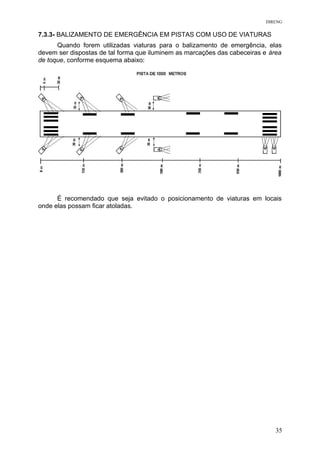 DIRENG
7.3.3- BALIZAMENTO DE EMERGÊNCIA EM PISTAS COM USO DE VIATURAS
Quando forem utilizadas viaturas para o balizamento de emergência, elas
devem ser dispostas de tal forma que iluminem as marcações das cabeceiras e área
de toque, conforme esquema abaixo:
É recomendado que seja evitado o posicionamento de viaturas em locais
onde elas possam ficar atoladas.
35
 