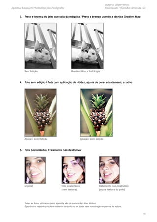 Autoria: Lilian Vinhas
Apostila: Básico em Photoshop para Fotógrafos                                              Realização: Fotoclube Câmera & Luz


       3. Preto-e-branco do jeito que saiu da máquina / Preto e branco usando a técnica Gradient Map




          Sem Edição                                     Gradient Map + Soft Light



       4. Foto sem edição / Foto com aplicação de nitidez, ajuste de cores e tratamento criativo




          Abacaxi sem Edição                                      Abacaxi com edição



       5. Foto posterizada / Tratamento não destrutivo




          original                             foto posterizada                       tratamento não-destrutivo
                                               (sem textura)                          (veja a textura da pele)




          Todas as fotos utilizadas nesta apostila são de autoria de Lilian Vinhas.
          É proibida a reprodução deste material no todo ou em parte sem autorização expressa da autora.


                                                                                                                          16
 