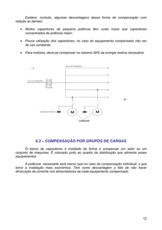 Existem, contudo, algumas desvantagens dessa forma de compensação com
relação às demais:

   •   Muitos capacitores de pequena potência têm custo maior que capacitores
       concentrados de potência maior;

   •   Pouca utilização dos capacitores, no caso do equipamento compensado não ser
       de uso constante;

   •   Para motores, deve-se compensar no máximo 90% da energia reativa necessária.




             6.2 – COMPENSAÇÃO POR GRUPOS DE CARGAS

      O banco de capacitores é instalado de forma a compensar um setor ou um
conjunto de maquinas. É colocado junto ao quadro de distribuição que alimenta esses
equipamentos.

      A potência necessária será menor que no caso da compensação individual, o que
torna a instalação mais econômica. Tem como desvantagem o fato de não haver
diminuição de corrente nos alimentadores de cada equipamento compensado.




                                                                                  12
 