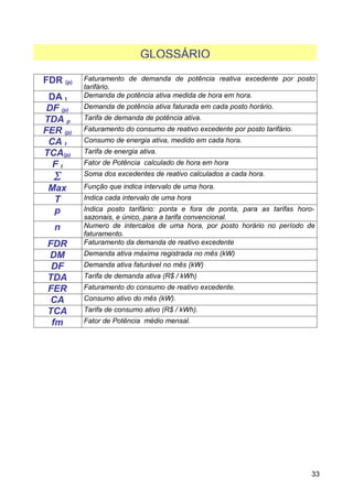 GLOSSÁRIO

FDR (p)   Faturamento de demanda de potência reativa excedente por posto
          tarifário.
 DA t     Demanda de potência ativa medida de hora em hora.
 DF (p)   Demanda de potência ativa faturada em cada posto horário.
TDA p     Tarifa de demanda de potência ativa.
FER (p)   Faturamento do consumo de reativo excedente por posto tarifário.
 CA t     Consumo de energia ativa, medido em cada hora.
TCA(p)    Tarifa de energia ativa.
  Ft      Fator de Potência calculado de hora em hora
  ∑       Soma dos excedentes de reativo calculados a cada hora.

 Max      Função que indica intervalo de uma hora.
  T       Indica cada intervalo de uma hora
  p       Indica posto tarifário: ponta e fora de ponta, para as tarifas horo-
          sazonais, e único, para a tarifa convencional.
  n       Numero de intercalos de uma hora, por posto horário no período de
          faturamento.
 FDR      Faturamento da demanda de reativo excedente
 DM       Demanda ativa máxima registrada no mês (kW)
  DF      Demanda ativa faturável no mês (kW)
 TDA      Tarifa de demanda ativa (R$ / kWh)
 FER      Faturamento do consumo de reativo excedente.
  CA      Consumo ativo do mês (kW).
 TCA      Tarifa de consumo ativo (R$ / kWh).
  fm      Fator de Potência médio mensal.




                                                                             33
 