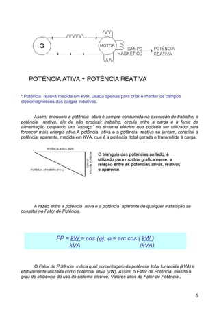 * Potência reativa medida em kvar, usada apenas para criar e manter os campos
eletromagnéticos das cargas indutivas.


      Assim, enquanto a potência ativa é sempre consumida na execução de trabalho, a
potência reativa, ale de não produzir trabalho, circula entre a carga e a fonte de
alimentação ocupando um “espaço” no sistema elétrico que poderia ser utilizado para
fornecer mais energia ativa.A potência ativa e a potência reativa se juntam, constitui a
potência aparente, medida em KVA, que é a potência total gerada e transmitida à carga.




       A razão entre a potência ativa e a potência aparente de qualquer instalação se
constitui no Fator de Potência.




                 FP = kW = cos (ϕ); ϕ = arc cos ( kW )
                     kVA                         (kVA)


       O Fator de Potência indica qual porcentagem da potência total fornecida (kVA) é
efetivamente utilizada como potência ativa (kW). Assim, o Fator de Potência mostra o
grau de eficiência do uso do sistema elétrico. Valores altos de Fator de Potência ,



                                                                                         5
 