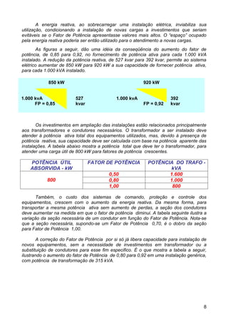 A energia reativa, ao sobrecarregar uma instalação elétrica, inviabiliza sua
utilização, condicionando a instalação de novas cargas a investimentos que seriam
evitáveis se o Fator de Potência apresentasse valores mais altos. O “espaço” ocupado
pela energia reativa poderia ser então utilizado para o atendimento a novas cargas.
        As figuras a seguir, dão uma idéia da conseqüência do aumento do fator de
potência, de 0,85 para 0,92, no fornecimento de potência ativa para cada 1.000 kVA
instalado. A redução da potência reativa, de 527 kvar para 392 kvar, permite ao sistema
elétrico aumentar de 850 kW para 920 kW a sua capacidade de fornecer potência ativa,
para cada 1.000 kVA instalado.

            850 kW                                        920 kW


1.000 kvA                527                 1.000 kvA                 392
      FP = 0,85          kvar                             FP = 0,92    kvar



       Os investimentos em ampliação das instalações estão relacionados principalmente
aos transformadores e condutores necessários. O transformador a ser instalado deve
atender à potência ativa total dos equipamentos utilizados, mas, devido à presença de
potência reativa, sua capacidade deve ser calculada com base na potência aparente das
instalações. A tabela abaixo mostra a potência total que deve ter o transformador, para
atender uma carga útil de 800 kW para fatores de potência crescentes.

    POTÊNCIA ÚTIL               FATOR DE POTÊNCIA           POTÊNCIA DO TRAFO -
    ABSORVIDA - kW                                                 kVA
                                          0,50                     1.600
            800                           0,80                     1.000
                                          1,00                      800

       Também, o custo dos sistemas de comando, proteção e controle dos
equipamentos, crescem com o aumento da energia reativa. Da mesma forma, para
transportar a mesma potência ativa sem aumento de perdas, a seção dos condutores
deve aumentar na medida em que o fator de potência diminui. A tabela seguinte ilustra a
variação da seção necessária de um condutor em função do Fator de Potência. Nota-se
que a seção necessária, supondo-se um Fator de Potência 0,70, é o dobro da seção
para Fator de Potência 1,00.

        A correção do Fator de Potência por si só já libera capacidade para instalação de
novos equipamentos, sem a necessidade de investimentos em transformador ou a
substituição de condutores para esse fim especifico. É o que mostra a tabela a seguir,
ilustrando o aumento do fator de Potência de 0,80 para 0,92 em uma instalação genérica,
com potência de transformação de 315 kVA.




                                                                                       8
 