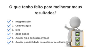 1.  Programação
2.  Centralização
3.  Eixo
4.  Zona óptica
5.  Avaliar hipo ou hipercorreção
6.  Avaliar possibilidade de melhorar resultado
O que tenho feito para melhorar meus
resultados?
 