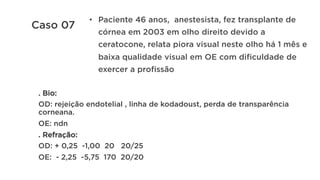 . Bio:
OD: rejeição endotelial , linha de kodadoust, perda de transparência
corneana.
OE: ndn
. Refração:
OD: + 0,25 -1,00 20 20/25
OE: - 2,25 -5,75 170 20/20
•  Paciente 46 anos, anestesista, fez transplante de
córnea em 2003 em olho direito devido a
ceratocone, relata piora visual neste olho há 1 mês e
baixa qualidade visual em OE com dificuldade de
exercer a profissão
Caso 07
 