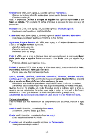 Chamar será VTDI, com a prep. a, quando significar repreender.
   Chamei o menino à atenção, pois estava conversando durante a aula.
   Chamei-o à atenção.
Obs.: A expressão Chamar a atenção de alguém não significa repreender, e sim
fazer-se notado. Por exemplo: O cartaz chamava a atenção de todos que por ali
passavam.

Implicar será VTDI, com a prep. em, quando significar envolver alguém.
   Implicaram o advogado em negócios ilícitos.

Custar será VTDI, com a prep. a, quando significar causar trabalho, transtorno.
  Sua irresponsabilidade custou sofrimento a toda a família.

Agradecer, Pagar e Perdoar são VTDI, com a prep. a. O objeto direto sempre será
a coisa, e o objeto indireto, a pessoa.
   Agradeci a ela o convite.
   Paguei a conta ao Banco.
   Perdôo os erros ao amigo.

Pedir é VTDI, com a prep. a. Sempre deve ser construído com a expressão Quem
pede, pede algo a alguém. Portanto é errado dizer Pedir para que alguém faça
algo.
   Pedimos a todos que tragam os livros.

Preferir é sempre VTDI, com a prep. a. Com esse verbo, não se deve usar mais,
muito mais, mil vezes, nem que ou do que.
   Prefiro estar só a ficar mal-acompanhado.

Avisar, advertir, certificar, cientificar, comunicar, informar, lembrar, noticiar,
notificar, prevenir são VTDI, admitindo duas construções: Quem informa, informa
algo a alguém ou Quem informa, informa alguém de algo.
   Advertimos aos usuários que não nos responsabilizamos por furtos ou roubos.
   Advertimos os usuários de que não nos responsabilizamos por furtos ou roubos.
Quando houver, na oração, um verbo transitivo direto e indireto, com a prep. a,
seguido de um substantivo feminino, que exija o artigo a, ocorrerá o fenômeno
denominado crase, que deve ser caracterizado pelo acento grave (à ou às).
Advertimos às alunas que não poderiam usar a sala fora do horário de aula.

Verbos Intransitivos
São os verbos que não necessitam de complementação. Sozinhos, indicam a ação
ou                                   o                                  fato.

Assistir será intransitivo, quando significar morar.
  Assisto em Londrina desde que nasci.

Custar será intransitivo, quando significar ter preço.
  Estes sapatos custaram R$50,00.

Proceder será intransitivo, quando significar ter fundamento.
   Suas palavras não procedem!


                                          162
 