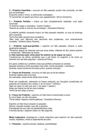 2 – Pretérito Imperfeito – enuncia um fato passado, porém não concluído, um fato
que se prolongou:
Enquanto subia o morro, ia admirando a paisagem.
“O coronel fez um gesto que traía o seu agastamento.” (Érico Veríssimo)

3 – Pretérito Perfeito – indica um fato completamente realizado, uma ação
concluída:
“A América reagiu e combateu.” (Latino Coelho)
“Assinei as cartas e meti-as nos envelopes.” (Graciliano Ramos)

O pretérito perfeito composto traduz um fato passado repetido, ou que se prolonga
até o presente:
Tenho-lhe dado sempre bons conselhos.
“Meu trato com Marcoré tem decorrido sem problemas, num entendimento
completo.” (Antônio Olavo Pereira).

4 – Pretérito mais-que-perfeito – exprime um fato passado, anterior a outro
igualmente passado:
“Paranhos seguia as mesmas ruas que anos antes, voltando do Sul, pisara sozinho
e condenado.” (Machado de Assis).
[ o fato expresso pelo verbo pisar foi anterior ao de seguir as ruas ].
“Lembrava-se da última carretinha que o pai fizera no engenho e de como se
divertira com ela dias seguidos.” (Garcia de Paiva)

Em geral, prefere-se o pretérito mais-que-perfeito composto ao simples:
Naquela manhã eu tinha acordado mais cedo. [ tinha acordado = acordara ]
Quantas vezes havíamos brincado juntos, quando crianças !

5 – Futuro do Presente – enuncia um fato que se há de realizar:
Amanhã viajarei para a Europa.
Se cultivadas, essas terras darão bons frutos.

Pode ser substituído, sobretudo na língua coloquial, por locuções constituídas do
presente do indicativo dos verbos ir, ter ou haver + infinitivo:
Olga vai casar no mês que vem. [ vai casar = casará ]
Daqui por diante hei de ter mais cuidado.
Tenho de sair daqui a pouco.

6 – Futuro do Pretérito – exprime um fato futuro condicionado a outro:
Eu iria à festa, se não chovesse.
“Faria melhor negócio criando galinhas.” (Graciliano Ramos)

Exprime um fato futuro situado no passado:
Afirmei, naquela ocasião, que não o apoiaria.
Prometeste-me que não me desobedecerias mais.
A família decidiu: viajariam todos no mês seguinte.


Modo subjuntivo: emprega-se o modo subjuntivo para exprimir um fato possível,
incerto, hipotético, irreal ou dependente de outro.

1 – Presente – exprime dúvida, hipótese, possibilidade:

                                         183
 