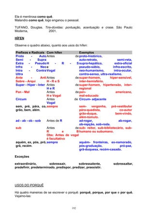 Ela é mentirosa como quê.
Malandro como quê, logo enganou o pessoal.

TUFANO, Douglas. Tira-dúvidas: pontuação, acentuação e crase. São Paulo:
Moderna,            2001.

HÍFEN

Observe o quadro abaixo, quanto aos usos do hífen:

Prefixos e Radicais Com hífen                 Exemplos
Proto        -    Auto Antes               de proto-histórico,
Semi       -     Supra                        auto-retrato,              semi-reta,
Extra    -     Pseudo H      -   R    -     S supra-hepático,          extra-oficial
Infra        -     Neo e                      pseudo-sábio,          infra-escrito,
Intra    -      Contra Vogal                  neo-humanismo,          intra-ocular,
Ultra                                         contra-senso, ultra-realismo.
Ante         -    Anti Antes               de super-homem,         hiper-sensível,
Sobre - Arqui          H-ReS                  inter-hemisfério.
Super - Hiper - Inter Antes                de super-homem, hipertensão, inter-
                       HeR                    regional
Pan - Mal              Antes               de pan-                      americano,
                       H e Vogal              mal-educado
Circum                 Antes               de Circum- adjacente
                       Vogal
sem, pré, pára, co, sempre               sem-    vergonha,     pré-vestibular
grão, bem, além.                         pára-quedista,              co-autor
                                         grão-duque,              bem-vindo,
                                         além-túmulo.
ad - ab - ob - sob   Antes de R          ad-rogar,                  ab-rogar,
                                         ob-repção, sob-roda.
sub                  Antes            de sub- reitor, sub-bibliotecário, sub-
                     R          e      B humano ou subumano.
                     Obs: Antes de vogal
                     é facultativo
aquém, ex, pós, pró, sempre              aquém- fronteiras, ex-namorado,
grã, recém.                              pós-graduação,              pró-paz,
                                         grã-duquesa, recém-casado.

Exceções

extraordinário,        sobressair,         sobressalente,             sobressaltar,
predefinir, predeterminado, predispor, predizer, preexistir.




USOS DO PORQUÊ

Há quatro maneiras de se escrever o porquê: porquê, porque, por que e por quê.
Vejamo-las:


                                          192
 