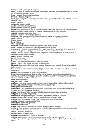 formiga - cordão, correição, formigueiro
frade - (quando ao local em que moram) comunidade, convento, (quanto ao fundador ou quanto
às regras que obedecem) ordem
frase - (quando desconexas) apontoado
freguês - clientela, freguesia
fruta - (quando ligadas ao mesmo pedúnculo) cacho, (quanto à totalidade das colhidas num ano)
colheita, safra
fumo - malhada
gafanhoto - nuvem, praga
garoto - cambada, bando, chusma
gato - cambada, gatarrada, gataria
gente - (em geral) chusma, grupo, multidão, (quando indivíduos reles) magote, patuléia, poviléu
grão - manípulo, manelo, manhuço, manojo, manolho, maunça, mão, punhado
graveto - (quando amarrados) feixe
gravura - (quando selecionadas) iconoteca
habitante - (em geral) povo, população, (quando de aldeia, de lugarejo) povoação
herói - falange
hiena - alcatéia
hino - hinário
ilha - arquipélago
imigrante - (quando em trânsito) leva, (quando radicados) colônia
índio - (quando formam bando) maloca, (quando em nação) tribo
instrumento - (quando em coleção ou série) jogo, ( quando cirúrgicos) aparelho, (quando de
artes e ofícios) ferramenta, (quando de trabalho grosseiro, modesto) tralha
inseto - (quando nocivos) praga, (quando em grande quantidade) miríade, nuvem, (quando se
deslocam em sucessão) correição
javali - alcatéia, malhada, vara
jornal - hemeroteca
jumento - récova, récua
jurado - júri, conselho de sentença, corpo de jurados
ladrão - bando, cáfila, malta, quadrilha, tropa, pandilha
lâmpada - (quando em fileira) carreira, (quando dispostas numa espécie de lustre) lampadário
leão - alcatéia
lei - (quando reunidas cientificamente) código, consolidação, corpo, (quando colhidas aqui e ali)
compilação
leitão - (quando nascidos de um só parto) leitegada
livro - (quando amontoados) chusma, pilha, ruma, (quando heterogêneos) choldraboldra,
salgalhada, (quando reunidos para consulta) biblioteca, (quando reunidos para venda) livraria,
(quando em lista metódica) catálogo
lobo - alcatéia, caterva
macaco - bando, capela
malfeitor - (em geral) bando, canalha, choldra, corja, hoste, joldra, malta, matilha, matula,
pandilha, (quando organizados) quadrilha, seqüela, súcia, tropa
maltrapilho - farândola, grupo
mantimento - (em geral) sortimento, provisão, (quando em saco, em alforge) matula, farnel,
(quando em cômodo especial) despensa
mapa - (quando ordenados num volume) atlas, (quando selecionados) mapoteca
máquina - maquinaria, maquinismo
marinheiro - maruja, marinhagem, companha, equipagem, tripulação, chusma
médico - (quando em conferência sobre o estado de um enfermo) junta
menino - (em geral) grupo, bando, (depreciativamente) chusma, cambada
mentira - (quando em seqüência) enfiada
mercadoria - sortimento, provisão
mercenário - mesnada
metal - (quando entra na construção de uma obra ou artefato) ferragem
ministro - (quando de um mesmo governo) ministério, (quando reunidos oficialmente) conselho
montanha - cordilheira, serra, serrania
mosca - moscaria, mosquedo
móvel - mobília, aparelho, trem
música - (quanto a quem a conhece) repertório
músico - (quando com instrumento) banda, charanga, filarmônica, orquestra
nação - (quando unidas para o mesmo fim) aliança, coligação, confederação, federação, liga,
união

                                             31
 