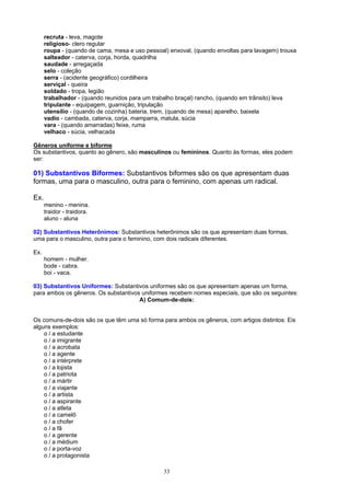 recruta - leva, magote
      religioso- clero regular
      roupa - (quando de cama, mesa e uso pessoal) enxoval, (quando envoltas para lavagem) trouxa
      salteador - caterva, corja, horda, quadrilha
      saudade - arregaçada
      selo - coleção
      serra - (acidente geográfico) cordilheira
      serviçal - queira
      soldado - tropa, legião
      trabalhador - (quando reunidos para um trabalho braçal) rancho, (quando em trânsito) leva
      tripulante - equipagem, guarnição, tripulação
      utensílio - (quando de cozinha) bateria, trem, (quando de mesa) aparelho, baixela
      vadio - cambada, caterva, corja, mamparra, matula, súcia
      vara - (quando amarradas) feixe, ruma
      velhaco - súcia, velhacada

Gêneros uniforme e biforme
Os substantivos, quanto ao gênero, são masculinos ou femininos. Quanto às formas, eles podem
ser:

01) Substantivos Biformes: Substantivos biformes são os que apresentam duas
formas, uma para o masculino, outra para o feminino, com apenas um radical.

Ex.
      menino - menina.
      traidor - traidora.
      aluno - aluna

02) Substantivos Heterônimos: Substantivos heterônimos são os que apresentam duas formas,
uma para o masculino, outra para o feminino, com dois radicais diferentes.

Ex.
      homem - mulher.
      bode - cabra.
      boi - vaca.

03) Substantivos Uniformes: Substantivos uniformes são os que apresentam apenas um forma,
para ambos os gêneros. Os substantivos uniformes recebem nomes especiais, que são os seguintes:
                                      A) Comum-de-dois:


Os comuns-de-dois são os que têm uma só forma para ambos os gêneros, com artigos distintos: Eis
alguns exemplos:
    o / a estudante
    o / a imigrante
    o / a acrobata
    o / a agente
    o / a intérprete
    o / a lojista
    o / a patriota
    o / a mártir
    o / a viajante
    o / a artista
    o / a aspirante
    o / a atleta
    o / a camelô
    o / a chofer
    o / a fã
    o / a gerente
    o / a médium
    o / a porta-voz
    o / a protagonista

                                                 33
 