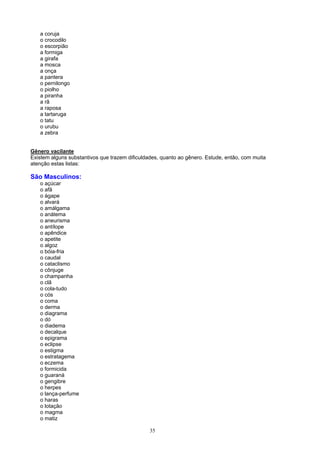 a coruja
   o crocodilo
   o escorpião
   a formiga
   a girafa
   a mosca
   a onça
   a pantera
   o pernilongo
   o piolho
   a piranha
   a rã
   a raposa
   a tartaruga
   o tatu
   o urubu
   a zebra


Gênero vacilante
Existem alguns substantivos que trazem dificuldades, quanto ao gênero. Estude, então, com muita
atenção estas listas:

São Masculinos:
   o açúcar
   o afã
   o ágape
   o alvará
   o amálgama
   o anátema
   o aneurisma
   o antílope
   o apêndice
   o apetite
   o algoz
   o bóia-fria
   o caudal
   o cataclismo
   o cônjuge
   o champanha
   o clã
   o cola-tudo
   o cós
   o coma
   o derma
   o diagrama
   o dó
   o diadema
   o decalque
   o epigrama
   o eclipse
   o estigma
   o estratagema
   o eczema
   o formicida
   o guaraná
   o gengibre
   o herpes
   o lança-perfume
   o haras
   o lotação
   o magma
   o matiz

                                                35
 