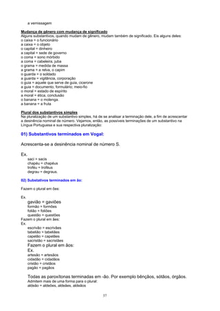 a vernissagem

Mudança de gênero com mudança de significado
Alguns substantivos, quando mudam de gênero, mudam também de significado. Eis alguns deles:
o caixa = o funcionário
a caixa = o objeto
o capital = dinheiro
a capital = sede de governo
o coma = sono mórbido
a coma = cabeleira, juba
o grama = medida de massa
a grama = a relva, o capim
o guarda = o soldado
a guarda = vigilância, corporação
o guia = aquele que serve de guia, cicerone
a guia = documento, formulário; meio-fio
o moral = estado de espírito
a moral = ética, conclusão
o banana = o molenga.
a banana = a fruta

Plural dos substantivos simples
Na pluralização de um substantivo simples, há de se analisar a terminação dele, a fim de acrescentar
a desinência nominal de número. Vejamos, então, as possíveis terminações de um substantivo na
Língua Portuguesa e sua respectiva pluralização:

01) Substantivos terminados em Vogal:

Acrescenta-se a desinência nominal de número S.

Ex.
      saci = sacis
      chapéu = chapéus
      troféu = troféus
      degrau = degraus.

02) Substativos terminados em ão:

Fazem o plural em ões:

Ex.
      gavião = gaviões
    formão = formões
    folião = foliões
    questão = questões
Fazem o plural em ães:
Ex.
    escrivão = escrivães
    tabelião = tabeliães
    capelão = capelães
    sacristão = sacristães
      Fazem o plural em ãos:
      Ex.
      artesão = artesãos
      cidadão = cidadãos
      cristão = cristãos
      pagão = pagãos

      Todas as paroxítonas terminadas em -ão. Por exemplo bênçãos, sótãos, órgãos.
      Admitem mais de uma forma para o plural:
      aldeão = aldeões, aldeães, aldeãos

                                                 37
 