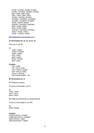 ancião = anciões, anciães, anciãos
      ermitão = ermitões, ermitães, ermitãos
      pião = piões, piães, piãos
      vilão = vilões, vilães, vilãos
      alcorão = alcorões, alcorães
      charlatão = charlatões, charlatães
      cirurgião = cirurgiões, cirurgiães
      faisão = faisões, faisães
      guardião = guardiões, guardiães
      peão = peões, peães
      anão = anões, anãos
      corrimão = corrimões, corrimãos
      verão = verões, verãos
      vulcão = vulcões, vulcãos

03) Substantivos terminados em L:

A) Terminados em -al, -el, -ol ou -ul:

Troca-se o L por IS:

Ex.
      vogal = vogais
      animal = animais
      papel = papéis
      anel = anéis
      paiol = paióis
      álcool = álcoois
      paul = pauis

Cuidado:
   mal = males
   cal = cais ou cales
   aval = avais ou avales
   mel = méis ou meles
   cônsul = cônsules
   real (moeda antiga) = réis

B) Terminados em -il:

B1) Palavras oxítonas:

Troca-se a terminação L por S:

Ex.
cantil = cantis
canil = canis
barril = barris

B2) Palavras paroxítonas ou proparoxítonas:

Troca-se a terminação IL por EIS:

Ex.
fóssil = fósseis


Cuidado:
projetil (oxítona) = projetis
projétil (paroxítona) = projéteis
reptil (oxítona) = reptis
réptil (paroxítona) = répteis


                                               38
 