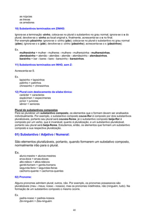 as núpcias
      as trevas
      os arredores

10) Substantivos terminados em ZINHO:

Ignora-se a terminação -zinho, coloca-se no plural o substantivo no grau normal, ignora-se o s do
plural, devolve-se o -zinho ao local original e, finalmente, acrescenta-se o s no final.
Por exemplo pãozinho: ignora-se o -zinho (pão); coloca-se no plural o substantivo no grau normal
(pães); ignora-se o s (pãe); devolve-se o -zinho (pãezinho); acrescenta-se o s (pãezinhos).

Ex.
      mulherzinha = mulher - mulheres - mulhere - mulherezinha - mulherezinhas.
      alemãozinho = alemão - alemães - alemãe - alemãezinho - alemãezinhos.
      barzinho = bar - bares - bare - barezinho - barezinhos.

11) Substantivos terminados em INHO, sem Z:

Acrescenta-se S.

Ex.
      lapisinho = lapisinhos
      patinho = patinhos
      chinesinho = chinesinhos

12) Plural com deslocamento da sílaba tônica:
    carácter = caracteres
    espécimen = especímenes
    júnior = juniores
    sênior = seniores

Plural do substantivos compostos
Para se pluralizar um substantivo composto, os elementos que o formam devem ser analisados
individualmente. Por exemplo, o substantivo composto couve-flor é composto por dois substantivos
pluralizáveis, portanto seu plural será couves-flores; já o substantivo composto beija-flor é
composto por um verbo, que é invariável, quanto à pluralização, e um substantivo pluralizável,
portanto seu plural será beija-flores. Estudemos, então, os elementos que formam um substantivo
composto e sua respectiva pluralização.

01) Substantivo / Adjetivo / Numeral:

São elementos pluralizáveis, portanto, quando formarem um substativo composto,
normalmente irão para o plural.

Ex.
      aluno-mestre = alunos-mestres
      erva-doce = ervas-doces
      alto-relevo = altos-relevos
      gentil-homem = gentis-homens
      segunda-feira = segundas-feiras
      cachorro-quente = cachorros-quentes

02) Pronome:

Alguns pronomes admitem plural; outros, não. Por exemplo, os pronomes possessivos são
pluralizáveis (meu - meus; nosso - nossos), mas os pronomes indefinidos, não (ninguém, tudo). Na
formação de um substantivo composto o mesmo ocorre.

Ex.
      padre-nosso = padres-nossos
      Zé-ninguém = Zés-ninguém


                                                 40
 