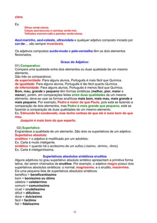 claro.

Ex.
         Olhos verde-claros.
         Calças azul-escuras e camisas verde-mar.
         Telhados marrom-café e paredes verde-claras.

Azul-marinho, azul-celeste, ultravioleta e qualquer adjetivo composto iniciado por
cor-de-... são sempre invariáveis.

Os adjetivos compostos surdo-mudo e pele-vermelha têm os dois elementos
flexionados.

                                Graus do Adjetivo:
01) Comparativo:
Compara uma qualidade entre dois elementos ou duas qualidade de um mesmo
elemento.
São três os comparativos:
de superioridade: Para alguns alunos, Português é mais fácil que Química.
de igualdade: Para alguns alunos, Português é tão fácil quanto Química.
de inferioridade: Para alguns alunos, Português é menos fácil que Química.
Bom, mau, grande e pequeno têm formas sintéticas (melhor, pior, maior e
menor), porém, em comparações feitas entre duas qualidades de um mesmo
elemento, deve-se usar as formas analíticas mais bom, mais mau, mais grande e
mais pequeno. Por exemplo, Pedro é maior do que Paulo, pois está se fazendo a
comparação de dois elementos, mas Pedro é mais grande que pequeno, está se
fazendo a comparação de duas qualidades de um mesmo elemento.
Ex. Edmundo foi condenado, mas tenho certeza de que ele é mais bom do que
mau.
    Joaquim é mais bom do que esperto.

 02) Superlativo:
Engrandece a qualidade de um elemento. São dois os superlativos de um adjetivo:
Superlativo absoluto:
analítico = o adjetivo é modificado por um advérbio:
Ex. Carla é muito inteligente.
sintético = quando há o acréscimo de um sufixo (-íssimo, -érrimo, -ílimo)
Ex. Carla é inteligentíssima.

                     Superlativos absolutos sintéticos eruditos
Alguns adjetivos no grau superlativo absoluto sintético apresentam a primitiva forma
latina, daí serem chamados de eruditos. Por exemplo, o adjetivo magro possui dois
superlativos absolutos sintéticos: o normal, magríssimo, e o erudito, macérrimo.
Eis uma pequena lista de superlativos absolutos sintéticos:
benéfico = beneficentíssimo
bom = boníssimo ou ótimo
célebre = celebérrimo
comum = comuníssimo
cruel = crudelíssimo
difícil = dificílimo
doce = dulcíssimo
fácil = facílimo
fiel = fidelíssimo

                                             52
 