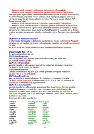 Quando você chegar à minha casa, telefonarei a Osbirvânio.
     Quando você chegar à minha casa, já terei telefonado a Osbirvânio.
Perceba que o significado é totalmente diferente em ambas as frases apresentadas.
No primeiro caso, esperarei "você" praticar a sua ação para, depois, praticar a
minha; no segundo, primeiro praticarei a minha. Por isso o uso do advébio "já".
Agora observe estas:
     Quando você tiver terminado o trabalho, telefonarei a Osbirvânio.
     Quando você tiver terminado o trabalho, já terei telefonado a Osbirvânio.
Perceba que novamente o significado é totalmente diferente em ambas as frases
apresentadas. No primeiro caso, esperarei "você" praticar a sua ação para, depois,
praticar a minha; no segundo, primeiro praticarei a minha. Por isso o uso do advébio
"já".

08) Infinitivo Pessoal Composto:
É a formação de locução verbal com o auxiliar ter ou haver no Infinitivo Pessoal
simples e o principal no particípio, indicando ação passada em relação ao momento
da fala.
Ex. Para você ter comprado esse carro, necessitou de muito dinheiro.

Classificação dos verbos
Os verbos classificam-se em:
01) Verbos Regulares:
Verbos regulares são aqueles que não sofrem alterações no radical.
Ex. cantar, vender, partir.
02) Verbos Irregulares:
Verbos irregulares são aqueles que sofrem pequenas alterações no radical.
Ex. fazer = faço, fazes; fiz, fizeste
03) Verbos Anômalos:
Verbos anômalos são aqueles que sofrem grandes alterações no radical.
Ex. ser = sou, é, fui, era, serei.
04) Verbos Defectivos:
Verbos defectivos são aqueles que não possuem conjugação completa.
Ex. falir, reaver, precaver = não possuem as 1ª, 2ª e 3ª pes. do presente do
indicativo e o presente do subjuntivo inteiro.
05) Verbos Abundantes:
Verbos abundantes são aqueles que apresentam duas formas de mesmo valor.
Geralmente ocorrem no particípio, que chamaremos de particípio regular,
terminado em -ado, -ido, usado na voz ativa, com o auxiliar ter ou haver, e
particípio irregular, com outra terminação diferente, usado na voz passiva, com o
auxiliar ser ou estar.
Exemplos de verbos abundantes:
Infinitivo            Part.Regular Part.Irregular
aceitar               aceitado          aceito
acender               acendido          aceso
contundir             contundido        contuso
eleger                elegido           eleito
entregar              entregado         entregue
enxugar               enxugado          enxuto
expulsar              expulsado         expulso
imprimir              imprimido         impresso
limpar                limpado           limpo
murchar               murchado          murcho
suspender             suspendido        suspenso
tingir                tingido           tinto

                                         73
 