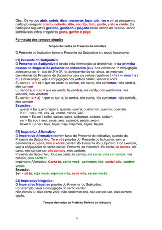 Obs.: Os verbos abrir, cobrir, dizer, escrever, fazer, pôr, ver e vir só possuem o
particípio irregular aberto, coberto, dito, escrito, feito, posto, visto e vindo. Os
particípios regulares gastado, ganhado e pagado estão caindo ao desuso, sendo
substituídos pelos irregulares gasto, ganho e pago.

Formação dos tempos simples
                       Tempos derivados do Presente do Indicativo

O Presente do Indicativo forma o Presente do Subjuntivo e o modo Imperativo.

01) Presente do Subjuntivo:
O Presente do Subjuntivo é obtido pela eliminação da desinência -o da primeira
pessoa do singular do presente do indicativo (eu). Aos verbos de 1ª conjugação,
acrescenta-se -e; aos de 2ª e 3ª, -a, acrescentando-se, ainda, as mesmas
desinências do Presente do Subjuntivo para os verbos regulares ( - / s / - / mos / is /
m). Por exemplo, veja a conjugação dos verbos cantar, vender e sorrir.
Eu canto (- o + e) = que eu cante, tu cantes, ele cante, nós cantemos, vós canteis,
eles cantem
Eu vendo (- o + a) = que eu venda, tu vendas, ele venda, nós vendamos, vós
vendais, eles vendam
Eu sorrio (-o + a) = que eu sorria, tu sorrias, ele sorria, nós sorriamos, vós sorriais,
eles sorriam
Exceções:
   querer = Eu quero / queira, queiras, queira, queiramos, queirais, queiram.
   ir = Eu vou / vá, vás, vá, vamos, vades, vão.
   saber = Eu sei / saiba, saibas, saiba, saibamos, saibais, saibam.
   ser = Eu sou / seja, sejas, seja, sejamos, sejais, sejam.
   haver = Eu hei / haja, hajas, haja, hajamos, hajais, hajam.

02) Imperativo Afirmativo:
O Imperativo Afirmativo provém tanto do Presente do Indicativo, quando do
Presente do Subjuntivo. Tu e vós provêm do Presente do Indicativo, sem a
desinência -s; você, nós e vocês provêm do Presente do Subjuntivo. Por exemplo,
veja a conjugação do verbo cantar. Presente do indicativo: Eu canto, tu cantas, ele
canta, nós cantamos, vós cantais, eles cantam.
Presente do Subjuntivo: Que eu cante, tu cantes, ele cante, nós cantemos, vós
canteis, eles cantem.
Imperativo Afirmativo: Canta tu, cante você, cantemos nós, cantai vós, cantem
vocês.
Exceção:
Ser = sê tu, seja você, sejamos nós, sede vós, sejam vocês.

03) Imperativo Negativo:
O Imperativo Negativo provém do Presente do Subjuntivo.
Por exemplo, veja a conjugação do verbo cantar:
Não cantes tu, não cante você, não cantemos nós, não canteis vós, não cantem
vocês.
                   Tempos derivados do Pretérito Perfeito do Indicativo




                                           74
 