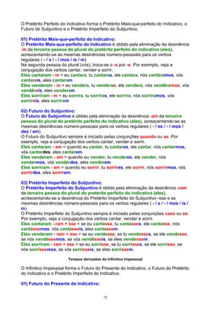 O Pretérito Perfeito do Indicativo forma o Pretérito Mais-que-perfeito do Indicativo, o
Futuro do Subjuntivo e o Pretérito Imperfeito do Subjuntivo.

01) Pretérito Mais-que-perfeito do Indicativo:
O Pretérito Mais-que-perfeito do Indicativo é obtido pela eliminação da desinência
-m da terceira pessoa do plural do pretérito perfeito do indicativo (eles),
acrescentando-se as mesmas desinências número-pessoais para os verbos
regulares ( - / s / - / mos / is / m).
Na segunda pessoa do plural (vós), troca-se o -a por -e. Por exemplo, veja a
conjugação dos verbos cantar, vender e sorrir.
Eles cantaram - m = eu cantara, tu cantaras, ele cantara, nós cantáramos, vós
cantareis, eles cantaram
Eles venderam - m = eu vendera, tu venderas, ele vendera, nós vendêramos, vós
vendêreis, eles venderam
Eles sorriram - m = eu sorrira, tu sorriras, ele sorrira, nós sorríramos, vós
sorríreis, eles sorriram

02) Futuro do Subjuntivo:
O Futuro do Subjuntivo é obtido pela eliminação da desinência -am da terceira
pessoa do plural do pretérito perfeito do indicativo (eles), acrescentando-se as
mesmas desinências número-pessoais para os verbos regulares ( - / es / - / mos /
des / em).
O Futuro do Subjuntivo sempre é iniciado pelas conjunções quando ou se. Por
exemplo, veja a conjugação dos verbos cantar, vender e sorrir.
Eles cantaram - am = quando eu cantar, tu cantares, ele cantar, nós cantarmos,
vós cantardes, eles cantarem.
Eles venderam - am = quando eu vender, tu venderes, ele vender, nós
vendermos, vós venderdes, eles venderem.
Eles sorriram - am = quando eu sorrir, tu sorrires, ele sorrir, nós sorrirmos, vós
sorrirdes, eles sorrirem.

03) Pretérito Imperfeito do Subjuntivo:
O Pretérito Imperfeito do Subjuntivo é obtido pela eliminação da desinência -ram
da terceira pessoa do plural do pretérito perfeito do indicativo (eles),
acrescentando-se a desinência do Pretérito Imperfeito do Subjuntivo -sse e as
mesmas desinências número-pessoais para os verbos regulares ( - / s / - / mos / is /
m).
O Pretérito Imperfeito do Subjuntivo sempre é iniciado pelas conjunções caso ou se.
Por exemplo, veja a conjugação dos verbos cantar, vender e sorrir.
Eles cantaram - ram + sse = se eu cantasse, tu cantasses, ele cantasse, nós
cantássemos, vós cantásseis, eles cantassem.
Eles venderam - ram + sse = se eu vendesse, se tu vendesses, se ele vendesse,
se nós vendêssemos, se vós vendêsseis, se eles vendessem.
Eles sorriram - ram + sse = se eu sorrisse, se tu sorrisses, se ele sorrisse, se
nós sorrissemos, se vós sorrisseis, se eles sorrissem.

                        Tempos derivados do Infinitivo Impessoal

O Infinitivo Impessoal forma o Futuro do Presente do Indicativo, o Futuro do Pretérito
do Indicativo e o Pretérito Imperfeito do Indicativo.

01) Futuro do Presente do Indicativo:


                                           75
 