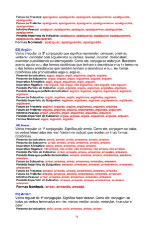 Futuro do Presente: apaziguarei, apaziguarás, apaziguará, apaziguaremos, apaziguareis,
apaziguarão.
Futuro do Pretérito: apaziguaria, apaziguarias, apaziguaria, apaziguaríamos, apaziguaríeis,
apaziguariam.
Infinitivo Pessoal: apaziguar, apaziguares, apaziguar, apaziguarmos, apaziguardes,
apaziguarem.
Pretérito Imperfeito do Indicativo: apaziguava, apaziguavas, apaziguava, apaziguávamos,
apaziguáveis, apaziguavam.
Formas Nominais: apaziguar, apaziguando, apaziguado.

03) Argüir:
Verbo irregular da 3ª conjugação que significa repreender, censurar, criminar,
verberar, condenar com argumentos ou razões; revelar, inculcar, demonstrar;
examinar questionando ou interrogando. Como ele, conjuga-se redargüir. Recebem
acento agudo no u das formas rizotônicas que tenham a desinência e ou i e trema no
u das formas arrizotônicas que também tenham a desinência e ou i. As formas
rizotônicas são pronunciadas argu-o, argú-is...
Presente do Indicativo: arguo, argúis, argúi, argüimos, argüis, argúem.
Presente do Subjuntivo: argua, arguas, argua, arguamos, arguais, arguam.
Imperativo Afirmativo: argúi, argua, arguamos, argüi, arguam.
Imperativo Negativo: não arguas, não argua, não arguamos, não arguais, não arguam.
Pretérito Perfeito do Indicativo: argüi, argüiste, argüiu, argüimos, argüistes, argüiram.
Pretérito Mais-que-perfeito do Indicativo: argüira, argüiras, argüira, argüíramos, argüíreis,
argüiram.
Futuro do Subjuntivo: argüir, argüires, argüir, argüirmos, argüirdes, argüirem.
Pretérito Imperfeito do Subjuntivo: argüisse, argüisses, argüisse, argüíssemos, argüísseis,
argüissem.
Futuro do Presente: argüirei, argüirás, argüirá, argüiremos, argüireis, argüirão.
Futuro do Pretérito: argüiria, argüirias, argüiria, argüiríamos, argüiríeis, argüiriam.
Infinitivo Pessoal: argüir, argüires, argüir, argüirmos, argüirdes, argüirem.
Pretérito Imperfeito do Indicativo: argüia, argüias, argüia, argüíamos, argüíeis, argüiam.
Formas Nominais: argüir, argüindo, argüido.

04) Arrear:
Verbo irregular da 1ª conjugação. Significa pôr arreio. Como ele, conjugam-se todos
os verbos terminados em -ear. Variam no radical, que recebe um i nas formas
rizotônicas.
Presente do Indicativo: arreio, arreias, arreia, arreamos, arreais, arreiam.
Presente do Subjuntivo: arreie, arreies, arreie, arreemos, arreeis, arreiem.
Imperativo Afirmativo: arreia, arreie, arreemos, arreai, arreiem.
Imperativo Negativo: não arreies, não arreie, não arreemos, não arreeis, não arreiem.
Pretérito Perfeito do Indicativo: arreei, arreaste, arreou, arreamos, arreastes, arrearam.
Pretérito Mais-que-perfeito do Indicativo: arreara, arrearas, arreara, arreáramos, arreáreis,
arrearam.
Futuro do Subjuntivo: arrear, arreares, arrear, arrearmos, arreardes, arrearem.
Pretérito Imperfeito do Subjuntivo: arreasse, arreasses, arreasse, arreássemos, arreásseis,
arreassem.
Futuro do Presente: arrearei, arrearás, arreará, arrearemos, arreareis, arrearão.
Futuro do Pretérito: arrearia, arrearias, arrearia, arrearíamos, arrearíeis, arreariam.
Infinitivo Pessoal: arrear, arreares, arrear, arrearmos, arreardes, arrearem.
Pretérito Imperfeito do Indicativo: arreava, arreavas, arreava, arreávamos, arreáveis,
arreavam.
Formas Nominais: arrear, arreando, arreado.

05) Arriar:
Verbo regular da 1ª conjugação. Significa fazer descer. Como ele, conjugam-se
todos os verbos terminados em -iar, menos mediar, ansiar, remediar, incendiar e
odiar.
Presente do Indicativo: arrio, arrias, arria, arriamos, arriais, arriam.

                                                 78
 