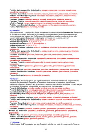 Pretérito Mais-que-perfeito do Indicativo: reouvera, reouveras, reouvera, reouvéramos,
reouvéreis, reouveram.
Futuro do Subjuntivo: reouver, reouveres, reouver, reouvermos, reouverdes, reouverem.
Pretérito Imperfeito do Subjuntivo: reouvesse, reouvesses, reouvesse, reouvéssemos,
reouvésseis, reouvessem.
Futuro do Presente: reaverei, reaverás, reaverá, reaveremos, reavereis, reaverão.
Futuro do Pretérito: reaveria, reaverias, reaveria, reaveríamos, reaveríeis, reaveriam.
Infinitivo Pessoal: reaver, reaveres, reaver, reavermos, reaverdes, reaverem.
Pretérito Imperfeito do Indicativo: reavia, reavias, reavia, reavíamos, reavíeis, reaviam.
Formas Nominais: reaver, reavendo, reavido.

09) Precaver:
Verbo defectivo da 2ª conjugação, quase sempre usado pronominalmente (precaver-se). Faltam-lhe
as formas rizotônicas e derivadas. As formas não existentes devem ser substituídas pelas dos
verbos acautelar-se, prevenir-se. As formas existentes são conjugadas regularmente, ou seja,
seguem a conjugação de qualquer verbo regular terminado em -er, como escrever.
Presente do Indicativo: ///, ///, ///, precavemos, precaveis, ///.
Presente do Subjuntivo: ///, ///, ///, ///, ///, ///.
Imperativo Afirmativo: ///, ///, ///, prevavei vós, ///.
Imperativo Negativo: ///, ///, ///, ///, ///.
Pretérito Perfeito do Indicativo: precavi, precaveste, precaveu, precavemos, precavestes,
precaveram.
Pretérito Mais-que-perfeito do Indicativo: precavera, precavera, precavera, precavêramos,
precavêreis, precaveram.
Futuro do Subjuntivo: precaver, precaveres, precaver, precavermos, precaverdes,
precaverem.
Pretérito Imperfeito do Subjuntivo: precavesse, precavesses, precavesse, precavêssemos,
precavêsseis, precavessem.
Futuro do Presente: precaverei, precaverás, precaverá, precaveremos, precavereis,
precaverão.
Futuro do Pretérito: precaveria, precaverias, precaveria, precaveríamos, precaveríeis,
precaveriam.
Infinitivo Pessoal: precaver, precaveres, precaver, precavermos, precaverdes, precaverem.
Pretérito Imperfeito do Indicativo: precavia, precavias, precavia, precavíamos, precavíeis,
precaviam.
Formas Nominais: precaver, precavendo, precavido.

10) Prover:
Verbo irregular da 2ª conjugação que significa abastecer. Varia nas desinências. No presente do
indicativo, no presente do subjuntivo, no imperativo afirmativo e no imperativo negativo tem
conjugação idêntica à do verbo ver; no restante dos tempos, tem conjugação regular, ou seja, segue
a conjugação de qualquer verbo regular terminado em -er, como escrever.
Presente do Indicativo: provejo, provês, provê, provemos, provedes, provêem.
Presente do Subjuntivo: proveja, provejas, proveja, provejamos, provejais, provejam.
Imperativo Afirmativo: provê, proveja, provejamos, provede, provejam.
Imperativo Negativo: não provejas, não proveja, não provejamos, não provejais, não
provejam.
Pretérito Perfeito do Indicativo: provi, proveste, proveu, provemos, provestes, proveram.
Pretérito Mais-que-perfeito do Indicativo: provera, proveras, provera, provêramos, provêreis,
proveram.
Futuro do Subjuntivo: prover, proveres, prover, provermos, proverdes, proverem.
Pretérito Imperfeito do Subjuntivo: provesse, provesses, provesse, provêssemos, provêsseis,
provessem.
Futuro do Presente: proverei, proverás, proverá, proveremos, provereis, proverão.
Futuro do Pretérito: proveria, proverias, proveria, proveríamos, proveríeis,
proveriam.
Infinitivo Pessoal: prover, proveres, prover, provermos, proverdes, proverem.
Pretérito Imperfeito do Indicativo: provia, provias, provia, províamos, províeis, proviam.
Formas Nominais: prover, provendo, provido.

11) Requerer:
Verbo irregular da 2ª conjugação que significa pedir, solicitar, por meio de requerimento. Varia no


                                                  80
 