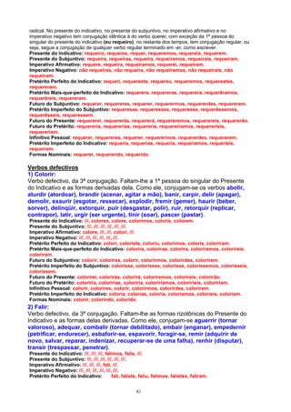 radical. No presente do indicativo, no presente do subjuntivo, no imperativo afirmativo e no
imperativo negativo tem conjugação idêntica à do verbo querer, com exceção da 1ª pessoa do
singular do presente do indicativo (eu requeiro); no restante dos tempos, tem conjugação regular, ou
seja, segue a conjugação de qualquer verbo regular terminado em -er, como escrever.
Presente do Indicativo: requeiro, requeres, requer, requeremos, requereis, requerem.
Presente do Subjuntivo: requeira, requeiras, requeira, requeiramos, requeirais, requeiram.
Imperativo Afirmativo: requere, requeira, requeiramos, requerei, requeiram.
Imperativo Negativo: não requeiras, não requeira, não requeiramos, não requeirais, não
requeiram.
Pretérito Perfeito do Indicativo: requeri, requereste, requereu, requeremos, requerestes,
requereram.
Pretérito Mais-que-perfeito do Indicativo: requerera, requereras, requerera, requerêramos,
requerêreis, requereram.
Futuro do Subjuntivo: requerer, requereres, requerer, requerermos, requererdes, requererem.
Pretérito Imperfeito do Subjuntivo: requeresse, requeresses, requeresse, requerêssemos,
requerêsseis, requeressem.
Futuro do Presente: requererei, requererás, requererá, requereremos, requerereis, requererão.
Futuro do Pretérito: requereria, requererias, requereria, requereríamos, requereríeis,
requereriam.
Infinitivo Pessoal: requerer, requereres, requerer, requerermos, requererdes, requererem.
Pretérito Imperfeito do Indicativo: requeria, requerias, requeria, requeríamos, requeríeis,
requeriam.
Formas Nominais: requerer, requerendo, requerido.

Verbos defectivos
1) Colorir:
Verbo defectivo, da 3ª conjugação. Faltam-lhe a 1ª pessoa do singular do Presente
do Indicativo e as formas derivadas dela. Como ele, conjugam-se os verbos abolir,
aturdir (atordoar), brandir (acenar, agitar a mão), banir, carpir, delir (apagar),
demolir, exaurir (esgotar, ressecar), explodir, fremir (gemer), haurir (beber,
sorver), delinqüir, extorquir, puir (desgastar, polir), ruir, retorquir (replicar,
contrapor), latir, urgir (ser urgente), tinir (soar), pascer (pastar).
Presente do Indicativo: ///, colores, colore, colorimos, coloris, colorem.
Presente do Subjuntivo: ///, ///, ///, ///, ///, ///.
Imperativo Afirmativo: colore, ///, ///, colori, ///.
Imperativo Negativo: ///, ///, ///, ///, ///, ///.
Pretérito Perfeito do Indicativo: colori, coloriste, coloriu, colorimos, coloris, coloriram.
Pretérito Mais-que-perfeito do Indicativo: colorira, coloriras, colorira, coloríramos, coloríreis,
coloriram.
Futuro do Subjuntivo: colorir, colorires, colorir, colorirmos, colorirdes, colorirem.
Pretérito Imperfeito do Subjuntivo: colorisse, colorisses, colorisse, coloríssemos, colorísseis,
colorissem.
Futuro do Presente: colorirei, colorirás, colorirá, coloriremos, colorireis, colorirão.
Futuro do Pretérito: coloriria, coloririas, coloriria, coloriríamos, coloriríeis, coloririam.
Infinitivo Pessoal: colorir, colorires, colorir, colorirmos, colorirdes, colorirem.
Pretérito Imperfeito do Indicativo: coloria, colorias, coloria, coloríamos, coloríeis, coloriam.
Formas Nominais: colorir, colorindo, colorido.
2) Falir:
Verbo defectivo, da 3ª conjugação. Faltam-lhe as formas rizotônicas do Presente do
Indicativo e as formas delas derivadas. Como ele, conjugam-se aguerrir (tornar
valoroso), adequar, combalir (tornar debilitado), embair (enganar), empedernir
(petrificar, endurecer), esbaforir-se, espavorir, foragir-se, remir (adquirir de
novo, salvar, reparar, indenizar, recuperar-se de uma falha), renhir (disputar),
transir (trespassar, penetrar).
Presente do Indicativo: ///, ///, ///, falimos, falis, ///.
Presente do Subjuntivo: ///, ///, ///, ///, ///, ///.
Imperativo Afirmativo: ///, ///, ///, fali, ///.
Imperativo Negativo: ///, ///, ///, ///, ///, ///.
Pretérito Perfeito do Indicativo:            fali, faliste, faliu, falimos, falistes, faliram.


                                                        81
 