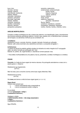 louro, loiro                                             remoinho, redemoinho
derrubar, derribar                                       endemoniado, endemoninhado
espargir, esparzir                                                líqüido, líquido
marimbondo, maribondo                                             traquina, traquinas
bêbedo, bêbado                                                    catorze, quatorze
malvadez, malvadeza                                      taverna, taberna
pitoresco, pinturesco                                    eriçar, erriçar
lacrimejar, lagrimejar                                   espécime, espécimen
diabete, diabetes                                                 ridiculizar, ridicularizar
cacaréus, cacarecos                                      fleuma, flegma
baralhar, embaralhar                                     coradouro, coaradouro, coarador
desvario, desvairo                                       transpassar, traspassar, trespassar
perspectiva, perspetiva                                  nambu, nhambu, inambu, inhambu, inamu


ANÁLISE MORFOLÓGICA:

Consiste a análise morfológica em dar a classe das palavras, sua classificação, fazer o levantamento
dos diversos acidentes gramaticais (gênero, número, grau, pessoa, etc.) e identificar-lhes o processo
de formação e os elementos mórficos que as constituem. Ex:

1) Cafeteria:
Substantivo comum, concreto, feminino, singular; derivado, formado por sufixação.
Radical: café; sufixo (nominal): eira; desinência (nominal): a; consoante de ligação: t.

2) Detivemos:
1ª pessoa do plural do pretérito perfeito simples do indicativo do verbo irregular da 2ª conjugação
deter, voz ativa; formado por prefixação (de + ter).
Radical: tiv; prefixo: de; vogal temática: e; desinência número-pessoal: mos.

  Na análise morfossintática de uma palavra, faz-se, juntamente, a análise morfológica e a sintática.


CRASE:

Conceito: é a fusão de duas vogais da mesma natureza. No português assinalamos a crase com o
acento grave (`). Observe:

Obedecemos ao regulamento.
        (a+o)

Não há crase, pois o encontro ocorreu entre duas vogais diferentes. Mas:

Obedecemos à norma.
       (a+a)

Há crase pois temos a união de duas vogais iguais ( a + a = à )

Regra Geral:
Haverá crase sempre que:
   I.      o termo antecedente exija a preposição a;
   II.     o termo conseqüente aceite o artigo a.

Fui à cidade.
( a + a = preposição + artigo )
( substantivo feminino )

Conheço a cidade.
( verbo transitivo direto – não exige preposição )
( artigo )
( substantivo feminino )

Vou a Brasília.

                                                   95
 