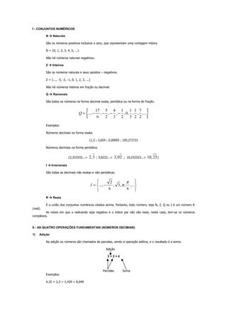 I - CONJUNTOS NUMÉRICOS
N Naturais
São os números positivos inclusive o zero, que representam uma contagem inteira.
N = {0, 1, 2, 3, 4, 5, ...}
Não há números naturais negativos.
Z Inteiros
São os números naturais e seus opostos – negativos.
Z = {..., -3, -2, -1, 0, 1, 2, 3, ...}
Não há números inteiros em fração ou decimal.
Q Racionais
São todos os números na forma decimal exata, periódica ou na forma de fração.
{ }17 5 4 1 1 1 7
..., , , , ,0, , , ,...
6 2 3 2 3 2 2
Q = − − − −
Exemplos:
Números decimais na forma exata:
{1,2 ; 3,654 ; 0,00005 ; 105,27272}
Números decimais na forma periódica:
{2,333333...= 2,3 ; 3,0222...= 3,02 ; 10,232323...= 10,23}
I Irracionais
São todas as decimais não exatas e não periódicas.
2
..., , 3, , ,...
6 6
I
π
π= −
 
 
 
R Reais
É a união dos conjuntos numéricos citados acima. Portanto, todo número, seja N, Z, Q ou I é um número R
(real).
As raízes em que o radicando seja negativo e o índice par não são reais, neste caso, tem-se os números
complexos.
II - AS QUATRO OPERAÇÕES FUNDAMENTAIS (NÚMEROS DECIMAIS)
1) Adição
Na adição os números são chamados de parcelas, sendo a operação aditiva, e o resultado é a soma.
Adição
2 + 2 = 4
Parcelas Soma
Exemplos:
4,32 + 2,3 + 1,429 = 8,049
 