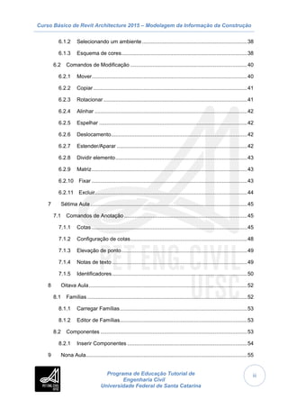 Curso Básico de Revit Architecture 2015 – Modelagem da Informação da Construção
Programa de Educação Tutorial de
Engenharia Civil
Universidade Federal de Santa Catarina
iii
6.1.2 Selecionando um ambiente.......................................................................38
6.1.3 Esquema de cores.....................................................................................38
6.2 Comandos de Modificação ...............................................................................40
6.2.1 Mover.........................................................................................................40
6.2.2 Copiar........................................................................................................41
6.2.3 Rotacionar .................................................................................................41
6.2.4 Alinhar .......................................................................................................42
6.2.5 Espelhar ....................................................................................................42
6.2.6 Deslocamento............................................................................................42
6.2.7 Estender/Aparar ........................................................................................42
6.2.8 Dividir elemento.........................................................................................43
6.2.9 Matriz.........................................................................................................43
6.2.10 Fixar .........................................................................................................43
6.2.11 Excluir.......................................................................................................44
7 Sétima Aula..........................................................................................................45
7.1 Comandos de Anotação ...................................................................................45
7.1.1 Cotas .........................................................................................................45
7.1.2 Configuração de cotas...............................................................................48
7.1.3 Elevação de ponto.....................................................................................49
7.1.4 Notas de texto ...........................................................................................49
7.1.5 Identificadores ...........................................................................................50
8 Oitava Aula...........................................................................................................52
8.1 Famílias ............................................................................................................52
8.1.1 Carregar Famílias......................................................................................53
8.1.2 Editor de Famílias......................................................................................53
8.2 Componentes ...................................................................................................53
8.2.1 Inserir Componentes .................................................................................54
9 Nona Aula.............................................................................................................55
 