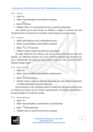 Curso Básico de Revit Architecture 2015 – Modelagem da Informação da Construção
Programa de Educação Tutorial de
Engenharia Civil
Universidade Federal de Santa Catarina
42
6.2.4 Alinhar
 Atalho: AL
 Ribbon: Na aba Modificar, painel Modificar, Espelhar;
 Botão: Alinhar;
 Utilidade: Alinha um ou mais elementos com um elemento selecionado.
Vale salientar que se clica primeiro na referência, e depois no elemento que será
alinhado (primeiro no elemento com orientação correta e depois no que está errado).
6.2.5 Espelhar
 Atalho: MM (Selecionar eixo) ou DM (Desenhar eixo)
 Ribbon: Na aba Modificar, painel Modificar, Espelhar;
 Botão: ou Espelhar;
 Utilidade: Inverte a posição dos elementos selecionados.
Na opção Selecionar eixo utiliza-se uma linha ou aresta existente como eixo para
espelhar. Já a alternativa Desenhar eixo cria-se uma linha temporária que servirá de eixo
para o espelhamento. Em ambos os casos pode-se manter (ou não) o elemento original
alterando a opção Copiar.
6.2.6 Deslocamento
 Atalho: OF
 Ribbon: Na aba Modificar, painel Modificar, Deslocamento;
 Botão: Deslocamento;
 Utilidade: Copia ou move um elemento selecionado para uma distância especificada
na direção perpendicular ao seu comprimento.
Esta ferramenta é muito importante quando se deseja criar elementos paralelos entre
si, evitando que tenham que ser inseridos separadamente. Em projetos arquitetônicos a
principal utilização é na criação de paredes.
6.2.7 Estender/Aparar
 Atalho: TR
 Ribbon: Na aba Modificar, painel Modificar, Aparar/Estender;
 Botão: Aparar/Estender;
 Utilidade: Apara ou estende elementos (ex: paredes).
 