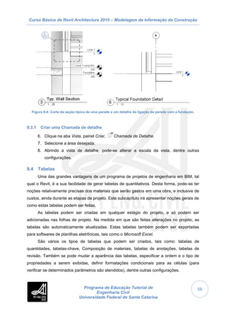 Curso Básico de Revit Architecture 2015 – Modelagem da Informação da Construção
Programa de Educação Tutorial de
Engenharia Civil
Universidade Federal de Santa Catarina
58
Figura 9-4: Corte da seção típica de uma parede e um detalhe da ligação da parede com a fundação.
9.3.1 Criar uma Chamada de detalhe
6. Clique na aba Vista, painel Criar, Chamada de Detalhe.
7. Selecione a área desejada.
8. Abrindo a vista de detalhe, pode-se alterar a escala da vista, dentre outras
configurações.
9.4 Tabelas
Uma das grandes vantagens de um programa de projetos de engenharia em BIM, tal
qual o Revit, é a sua facilidade de gerar tabelas de quantitativos. Desta forma, pode-se ter
noções relativamente precisas dos materiais que serão gastos em uma obra, e inclusive de
custos, ainda durante as etapas de projeto. Este subcapítulo irá apresentar noções gerais de
como estas tabelas podem ser feitas.
As tabelas podem ser criadas em qualquer estágio do projeto, e só podem ser
adicionadas nas folhas de projeto. Na medida em que são feitas alterações no projeto, as
tabelas são automaticamente atualizadas. Estas tabelas também podem ser exportadas
para softwares de planilhas eletrônicas, tais como o Microsoft Excel.
São vários os tipos de tabelas que podem ser criados, tais como: tabelas de
quantidades, tabelas-chave, Composição de materiais, tabelas de anotações, tabelas de
revisão. Também se pode mudar a aparência das tabelas, especificar a ordem e o tipo de
propriedades a serem exibidas, definir formatações condicionais para as células (para
verificar se determinados parâmetros são atendidos), dentre outras configurações.
 