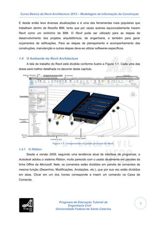 Curso Básico de Revit Architecture 2015 – Modelagem da Informação da Construção
Programa de Educação Tutorial de
Engenharia Civil
Universidade Federal de Santa Catarina
3
E desde então teve diversas atualizações e é uma das ferramentas mais populares que
trabalham dentro da filosofia BIM, tanto que por vezes autores equivocadamente trazem
Revit como um sinônimo de BIM. O Revit pode ser utilizado para as etapas de
desenvolvimento dos projetos arquitetônicos, de engenharia, e também para gerar
orçamentos de edificações. Para as etapas de planejamento e acompanhamento das
construções, manutenção e outras etapas deve-se utilizar softwares específicos.
1.4 O Ambiente do Revit Architecture
A tela de trabalho do Revit está dividida conforme ilustra a Figura 1-1. Cada uma das
áreas será melhor detalhada no decorrer deste capítulo.
Figura 1-1: Componentes da janela principal do Revit.
1.4.1 O Ribbon
Desde a versão 2009, seguindo uma tendência atual de interface de programas, a
Autodesk adotou o sistema Ribbon, muito parecido com o usado atualmente em pacotes da
linha Office da Microsoft. Nele, os comandos estão divididos em painéis de comandos de
mesma função (Desenhos, Modificações, Anotações, etc.), que por sua vez estão divididos
em abas. Clicar em um dos ícones corresponde a inserir um comando na Caixa de
Comando.
 