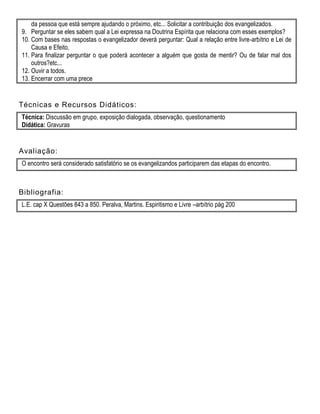 da pessoa que está sempre ajudando o próximo, etc... Solicitar a contribuição dos evangelizados.
9. Perguntar se eles sabem qual a Lei expressa na Doutrina Espírita que relaciona com esses exemplos?
10. Com bases nas respostas o evangelizador deverá perguntar: Qual a relação entre livre-arbítrio e Lei de
Causa e Efeito.
11. Para finalizar perguntar o que poderá acontecer a alguém que gosta de mentir? Ou de falar mal dos
outros?etc...
12. Ouvir a todos.
13. Encerrar com uma prece
Técnicas e Recursos Didáticos:
Técnica: Discussão em grupo, exposição dialogada, observação, questionamento
Didática: Gravuras
Avaliação:
O encontro será considerado satisfatório se os evangelizandos participarem das etapas do encontro.
Bibliografia:
L.E. cap X Questões 843 a 850. Peralva, Martins. Espiritismo e Livre –arbítrio pág 200
 