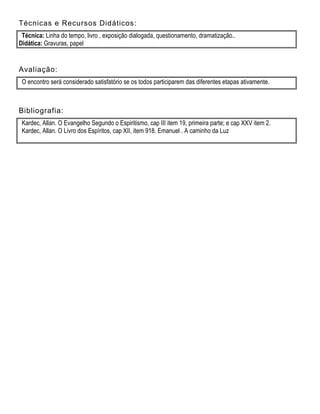 Técnicas e Recursos Didáticos:
Técnica: Linha do tempo, livro , exposição dialogada, questionamento, dramatização..
Didática: Gravuras, papel
Avaliação:
O encontro será considerado satisfatório se os todos participarem das diferentes etapas ativamente.
Bibliografia:
Kardec, Allan. O Evangelho Segundo o Espiritismo, cap III item 19, primeira parte; e cap XXV item 2.
Kardec, Allan. O Livro dos Espíritos, cap XII, item 918. Emanuel . A caminho da Luz
 