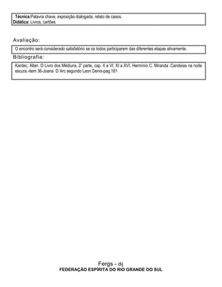 Técnica:Palavra chave, exposição dialogada, relato de casos.
Didática: Livros, cartões
Avaliação:
O encontro será considerado satisfatório se os todos participarem das diferentes etapas ativamente.
Bibliografia:
Kardec, Allan. O Livro dos Médiuns, 2ª parte, cap. II a VI; XI a XVI. Hermínio C. Miranda .Candeias na noite
escura.-item 36-Joana D´Arc segundo Leon Denis-pag.181
Fergs - dij
FEDERAÇÃO ESPÍRITA DO RIO GRANDE DO SUL
 