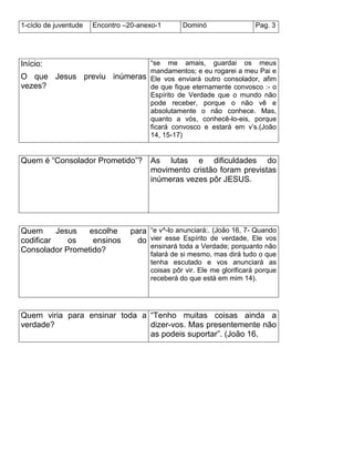 1-cíclo de juventude Encontro –20-anexo-1 Dominó Pag. 3
Início:
O que Jesus previu inúmeras
vezes?
―se me amais, guardai os meus
mandamentos; e eu rogarei a meu Pai e
Ele vos enviará outro consolador, afim
de que fique eternamente convosco :- o
Espírito de Verdade que o mundo não
pode receber, porque o não vê e
absolutamente o não conhece. Mas,
quanto a vós, conhecê-lo-eis, porque
ficará convosco e estará em v’s.(João
14, 15-17)
Quem é ―Consolador Prometido‖? As lutas e dificuldades do
movimento cristão foram previstas
inúmeras vezes pôr JESUS.
Quem Jesus escolhe para
codificar os ensinos do
Consolador Prometido?
―e v^-lo anunciará:. (João 16, 7- Quando
vier esse Espírito de verdade, Ele vos
ensinará toda a Verdade; porquanto não
falará de si mesmo, mas dirá tudo o que
tenha escutado e vos anunciará as
coisas pôr vir. Ele me glorificará porque
receberá do que está em mim 14).
Quem viria para ensinar toda a
verdade?
―Tenho muitas coisas ainda a
dizer-vos. Mas presentemente não
as podeis suportar‖. (João 16,
 