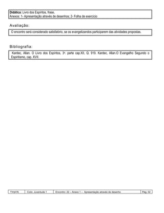 Didática: Livro dos Espíritos, frase.
Anexos: 1- Apresentação através de desenhos; 2- Folha de exercício
Avaliação:
O encontro será considerado satisfatório, se os evangelizandos participarem das atividades propostas.
Bibliografia:
Kardec, Allan. O Livro dos Espíritos, 3a. parte cap.XII, Q. 919. Kardec, Allan.O Evangelho Segundo o
Espiritismo, cap. XVII.
Fergs/dij Ciclo: Juventude 1 Encontro: 22 – Anexo 1 – Apresentação através de desenho Pág. 02
 