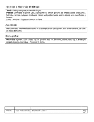Técnicas e Recursos Didáticos:
Técnica: Diálogo em grupo; comentário dirigido.
Didática: Confecção de painel. Cola, papel pardo ou similar; gravuras de amebas (seres unicelulares),
helmintos (vermes), moluscos, crustáceos, insetos; vertebrados (sapos, jacarés, peixes, aves, mamíferos e o
homem).
Anexo 1: História – Etapas da Evolução da Terra
Avaliação:
O encontro será considerado satisfatório se os evangelizandos participarem, ativa e intensamente, de todas
as etapas do mesmo.
Bibliografia:
O livro dos espíritos, Allan Kardec, cap. III, questões 43 a 49. A Gênese, Allan Kardec, cap. X. Evolução
em dois mundos, André Luiz – Francisco C. Xavier.
Fergs / dij Ciclo: 1º da Juventude Encontro: 01 – Anexo 1 Pág.
03
 