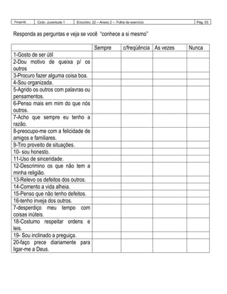 Fergs/dij Ciclo: Juventude 1 Encontro: 22 – Anexo 2 – Folha de exercício Pág. 03
Responda as perguntas e veja se você “conhece a si mesmo”
Sempre c/freqüência As vezes Nunca
1-Gosto de ser útil
2-Dou motivo de queixa p/ os
outros
3-Procuro fazer alguma coisa boa.
4-Sou organizada.
5-Agrido os outros com palavras ou
pensamentos.
6-Penso mais em mim do que nós
outros.
7-Acho que sempre eu tenho a
razão.
8-preocupo-me com a felicidade de
amigos e familiares.
9-Tiro proveito de situações.
10- sou honesto.
11-Uso de sinceridade.
12-Descrimino os que não tem a
minha religião.
13-Relevo os defeitos dos outros.
14-Comento a vida alheia.
15-Penso que não tenho defeitos.
16-tenho inveja dos outros.
7-desperdiço meu tempo com
coisas inúteis.
18-Costumo respeitar ordens e
leis.
19- Sou inclinado a preguiça.
20-faço prece diariamente para
ligar-me a Deus.
 