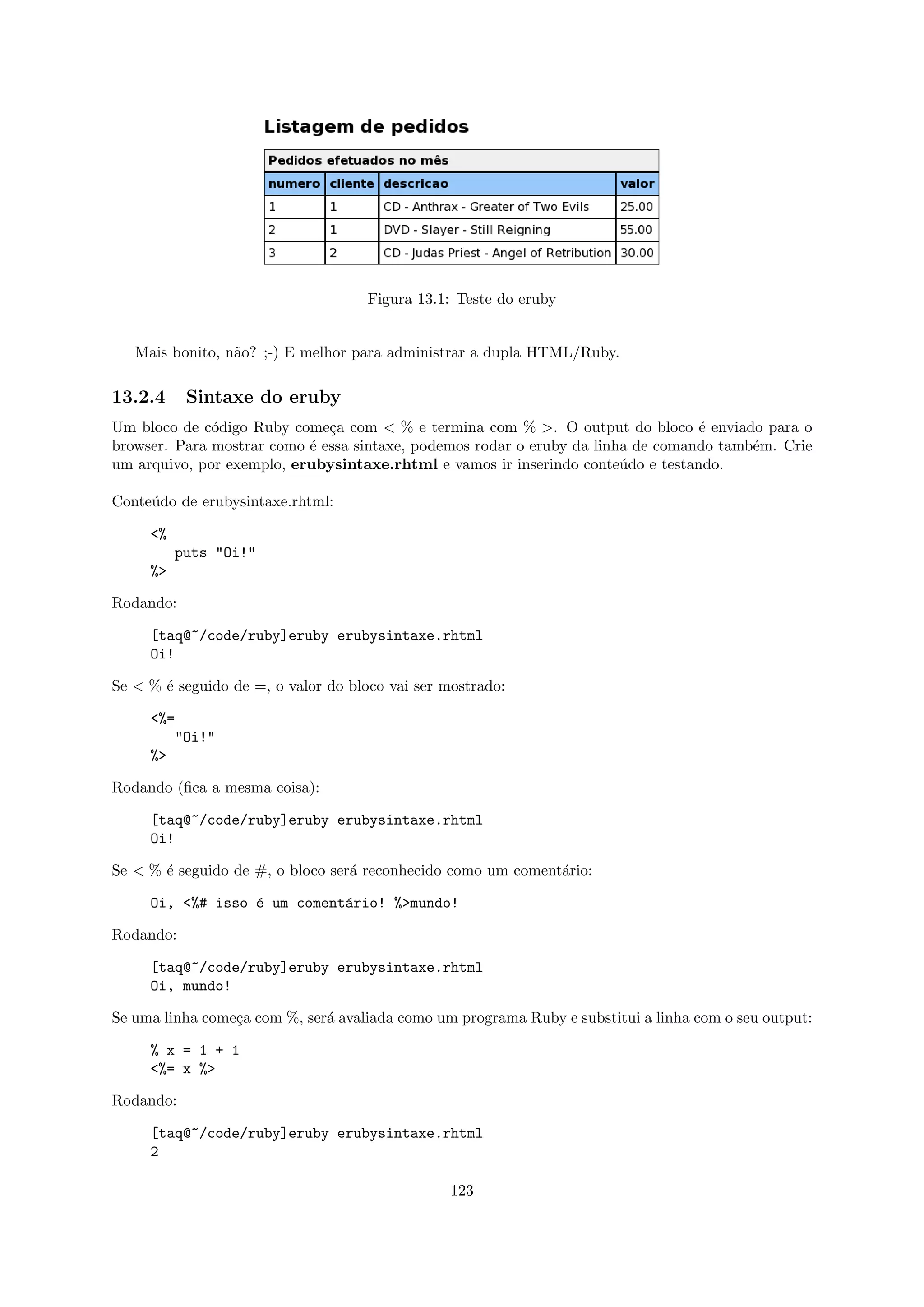 Figura 13.1: Teste do eruby


   Mais bonito, n˜o? ;-) E melhor para administrar a dupla HTML/Ruby.
                 a

13.2.4      Sintaxe do eruby
Um bloco de c´digo Ruby come¸a com < % e termina com % >. O output do bloco ´ enviado para o
              o               c                                                   e
browser. Para mostrar como ´ essa sintaxe, podemos rodar o eruby da linha de comando tamb´m. Crie
                           e                                                             e
um arquivo, por exemplo, erubysintaxe.rhtml e vamos ir inserindo conte´do e testando.
                                                                        u

Conte´do de erubysintaxe.rhtml:
     u

     <%
           puts "Oi!"
     %>

Rodando:

     [taq@~/code/ruby]eruby erubysintaxe.rhtml
     Oi!

Se < % ´ seguido de =, o valor do bloco vai ser mostrado:
       e

     <%=
           "Oi!"
     %>

Rodando (ﬁca a mesma coisa):

     [taq@~/code/ruby]eruby erubysintaxe.rhtml
     Oi!

Se < % ´ seguido de #, o bloco ser´ reconhecido como um coment´rio:
       e                          a                           a

     Oi, <%# isso ´ um coment´rio! %>mundo!
                  e          a

Rodando:

     [taq@~/code/ruby]eruby erubysintaxe.rhtml
     Oi, mundo!

Se uma linha come¸a com %, ser´ avaliada como um programa Ruby e substitui a linha com o seu output:
                 c            a

     % x = 1 + 1
     <%= x %>

Rodando:

     [taq@~/code/ruby]eruby erubysintaxe.rhtml
     2

                                                 123
 