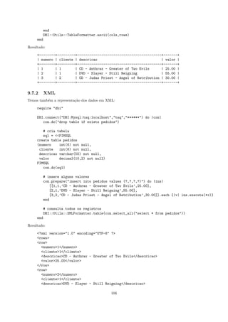 end
        DBI::Utils::TableFormatter.ascii(cols,rows)
     end

Resultado:

     +--------+---------+------------------------------------------+-------+
     | numero | cliente | descricao                                | valor |
     +--------+---------+------------------------------------------+-------+
     | 1      | 1       | CD - Anthrax - Greater of Two Evils      | 25.00 |
     | 2      | 1       | DVD - Slayer - Still Reigning            | 55.00 |
     | 3      | 2       | CD - Judas Priest - Angel of Retribution | 30.00 |
     +--------+---------+------------------------------------------+-------+

9.7.2      XML
Temos tamb´m a representa¸˜o dos dados em XML:
          e              ca

     require "dbi"

     DBI.connect("DBI:Mysql:taq:localhost","taq","******") do |con|
        con.do("drop table if exists pedidos")

        # cria tabela
        sql = <<FIMSQL
     create table pedidos
     (numero    int(6) not null,
      cliente   int(6) not null,
      descricao varchar(50) not null,
      valor     decimal(10,2) not null)
     FIMSQL
        con.do(sql)

           # insere alguns valores
           con.prepare("insert into pedidos values (?,?,?,?)") do |ins|
              [[1,1,’CD - Anthrax - Greater of Two Evils’,25.00],
              [2,1,’DVD - Slayer - Still Reigning’,55.00],
              [3,2,’CD - Judas Priest - Angel of Retribution’,30.00]].each {|v| ins.execute(*v)}
           end

           # consulta todos os registros
           DBI::Utils::XMLFormatter.table(con.select_all("select * from pedidos"))
     end

Resultado:

     <?xml version="1.0" encoding="UTF-8" ?>
     <rows>
     <row>
       <numero>1</numero>
       <cliente>1</cliente>
       <descricao>CD - Anthrax - Greater of Two Evils</descricao>
       <valor>25.00</valor>
     </row>
     <row>
       <numero>2</numero>
       <cliente>1</cliente>
       <descricao>DVD - Slayer - Still Reigning</descricao>

                                            106
 