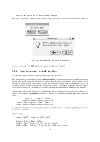 Gtk.main # chamada para o gtk aguardar eventos
Isso nos d´ algo como: Podemos gerar a mesma disposi¸˜o de tela usando uma metodologia conhecida
          a                                         ca




                        Figura 14.3: V´rios bot˜es e um di´log de mensagem
                                      a        o          a


por quem desenvolve em HTML (tremei, adeptos do tableless): tabelas!


14.5      Posicionamento usando tabelas
O programa a seguir produz o mesmo resultado que usar “packing”.

Fica a observa¸˜o em rela¸˜o ao m´todo attach defaults: temos que especiﬁcar as posi¸˜es esquerda,
                ca         ca       e                                                 co
direita, topo, fundo, sendo que esquerda ´ a coluna esquerda onde o componente come¸a na horizontal,
                                         e                                         c
direita ´ a coluna onde o componente termina na horizontal, topo ´ onde o componente come¸a na
        e                                                            e                        c
vertical e o fundo ´ onde o componente termina na vertical. Importante notar que a coluna onde o
                    e
componente termina n˜o ´ utilizada pelo mesmo, mas serve de referˆncia em rela¸˜o ao seu tamanho.
                        a e                                        e          ca

Assim sendo, table.attach defaults(0,2,0,1) especiﬁca que o componente vai come¸ar na coluna 0, li-
                                                                               c
nha 0, e vai terminar encostando na coluna 2, linha 1. Fica meio confuso mas seria mais ou menos
como:
               coluna 0   coluna 1   coluna 2
             +----------+----------+----------+
     linha 0 |//// componente //// | vazio    |
     linha 1 +----------+----------+----------+
A margem direita/fundo do componente encosta, mas n˜o transp˜e, a margem esquerda/topo das colu-
                                                   a        o
nas ﬁnais de referˆncia.
                  e

A´ vai o c´digo:
 ı        o
     require "gtk2" # requisita m´dulo gtk2
                                 o

     Gtk.init # inicializa a library
     window = Gtk::Window.new # cria uma nova janela
     window.title = "Tabelas!" # informa um t´tulo para a janela
                                             ı

                                                135
 