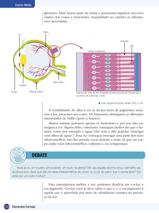 Ensino Médio

                                              glionares. Estas fazem parte da retina e processam impulsos nervosos
                                              vindos dos cones e bastonetes, transmitindo ao cérebro as informa-
                                              ções necessárias.


                                             Retina
             Íris

                                                                                                                        bastonete
                                                                                                                                    cone

                                                                                  Células Ganglionáres




                                                      Nervo óptico
              Cristalino

    Córnea                 Músculo externo                           Estas formam parte da rede de ligações da retina processando impulsos nervo-
                                                                     sos vindos dos bastonetes e cones.


                                                                                              < Fonte: adaptado de Gainotti, Modelli, 2002, p. 434,

                                                 A sensibilidade do olho à cor se dá por meio de pigmentos sensí-
                                             veis à luz, presentes nos cones. Os bastonetes distinguem as diferentes
                                             intensidades de brilho (preto e branco).
                                                 Muitos animais possuem apenas os bastonetes e por isso não en-
                                             xergam a cor. Alguns deles, entretanto, enxergam melhor do que o ho-
                                             mem, como por exemplo a águia (daí vem o dito popular “enxergar
                                             com olhos de águia”). Essa ave consegue enxergar uma parte dos raios
                                             infravermelhos, isso lhe permite caçar durante a noite, já que um cor-
                                             po emite raios infravermelhos conforme a sua temperatura.


                    	        dEBATE

         Você já viu um toureiro provocando um touro na arena? Ele usa aquele enorme lenço vermelho pa-
     ra provocá-lo. Será que são os raios infravermelhos do corpo ou a cor do pano que o excita tanto? Ou
     seria por um outro motivo?

                                                Para entendermos melhor a cor, podemos dividí-la em cor-luz e
                                             cor-pigmento. Cor-luz você já deve saber o que é, e a cor-pigmento é
                                             aquela que é percebida por meio de substâncias corantes na presen-
                                             ça da luz.


116 Elementos Formais
 