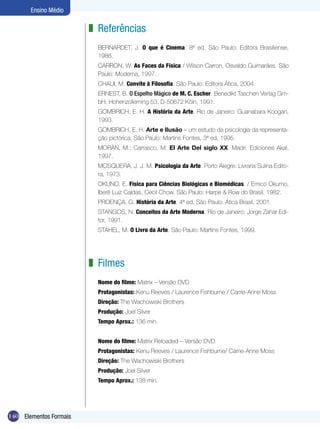 Ensino Médio

                        z Referências
                          BERNARDET, J. O que é Cinema. 8ª ed. São Paulo: Editora Brasiliense,
                          1986.
                          CARRON, W. As Faces da Física / Wilson Carron, Osvaldo Guimarães. São
                          Paulo: Moderna, 1997.
                          CHAUI, M. Convite à Filosofia. São Paulo: Editora Ática, 2004.
                          ERNEST, B. O Espelho Mágico de M. C. Escher. Benedikt Taschen Verlag Gm-
                          bH, Hohenzollerning 53, D-50672 Köin, 1991.
                          GOMBRICH, E. H. A História da Arte. Rio de Janeiro: Guanabara Koogan,
                          1993.
                          GOMBRICH, E. H. Arte e Ilusão – um estudo da psicologia da representa-
                          ção pictórica. São Paulo: Martins Fontes, 3ª ed, 1995.
                          MORÀN, M.; Carrasco, M. El Arte Del siglo XX. Madri: Ediciones Akal,
                          1997.
                          MOSQUERA, J. J. M. Psicologia da Arte. Porto Alegre: Livraria Sulina Edito-
                          ra, 1973.
                          OKUNO, E. Física para Ciências Biológicas e Biomédicas. / Emico Okumo,
                          Iberê Luiz Caldas, Cecil Chow. São Paulo: Harpe & Row do Brasil, 1982.
                          PROENÇA, G. História da Arte. 4ª ed. São Paulo: Ática Brasil, 2001.
                          STANGOS, N. Conceitos da Arte Moderna. Rio de Janeiro: Jorge Zahar Edi-
                          tor, 1991.
                          STAHEL, M. O Livro da Arte. São Paulo: Martins Fontes, 1999.




                        z Filmes
                          Nome do filme: Matrix – Versão DVD
                          Protagonistas: Kenu Reeves / Laurence Fishburne / Carrie-Anne Moss
                          Direção: The Wachowiski Brothers
                          Produção: Joel Silver
                          Tempo Aprox.: 136 min.


                          Nome do filme: Matrix Reloaded – Versão DVD
                          Protagonistas: Kenu Reeves / Laurence Fishburne/ Carrie-Anne Moss
                          Direção: The Wachowiski Brothers
                          Produção: Joel Silver
                          Tempo Aprox.: 138 min.




140 Elementos Formais
 