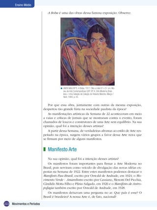 Ensino Médio

                               A Boba é uma das obras dessa famosa exposição. Observe:




                                        < ANITA MALFATTI. A Boba, 1917. Óleo s/ tela 61 x 51 cm. Mu-
                                          seu de Arte Contemporânea USP, SP. In: Arte Moderna Brasi-
                                          leira – Uma Seleção da Coleção de Roberto Marinho. Março /
                                          Abril, 1994, p. 25.


                                Por que essa obra, juntamente com outras da mesma exposição,
                            despertou tão grande fúria na sociedade paulista da época?
                                As manifestações artísticas da Semana de 22 aconteceram em meio
                            a vaias e críticas de jornais que se mostraram contra o evento, foram
                            chamados de loucos e construtores de uma Arte sem equilíbrio. Na sua
                            opinião, qual foi a intenção desses artistas?
                                A partir dessa Semana, de verdadeiras afrontas ao estilo de Arte res-
                            peitado na época, surgem vários grupos a favor dessa Arte nova que
                            se firmam por meio de alguns manifestos.


                            z Manifesto Arte
                               Na sua opinião, qual foi a intenção desses artistas?
                               Os manifestos foram importantes para firmar a Arte Moderna no
                            Brasil, pois serviram como veículo de divulgação das novas idéias ex-
                            postas na Semana de 1922. Entre estes manifestos podemos destacar o
                            Manifesto Pau-Brasil, escrito por Oswald de Andrade, em 1924; o Mo-
                            vimento Verde - Amarelismo escrito por Cassiano, Menotti Del Picchia,
                            Cândido Motta Filho e Plínio Salgado, em 1926 e o Manifesto de Antro-
                            pofagia também escrito por Oswald de Andrade, em 1928.
                               Os manifestos deixavam uma pergunta no ar: Que país é esse? O
                            Brasil é brasileiro? A nossa Arte é, de fato, nacional?

222 Movimentos e Períodos
 
