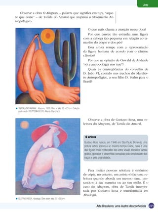 Arte

   Observe a obra O Abaporu – palavra que significa em tupi, “aque-
le que come” – de Tarsila do Amaral que inspirou o Movimento An-
tropofágico.

                                                                            O que mais chama a atenção nessa obra?
                                                                            Por que parece tão estranha uma figura
                                                                        com a cabeça tão pequena em relação ao ta-
                                                                        manho do corpo e dos pés?
                                                                            Essa artista rompe com a representação
                                                                        da figura humana de acordo com o cânone
                                                                        clássico?
                                                                            Por que na opinião de Oswald de Andrade
                                                                        “só a antropofagia nos une”?
                                                                            Quais as conseqüências do conselho de
                                                                        D. João VI, contido nos trechos do Manifes-
                                                                        to Antropofágico, a seu filho D. Pedro para o
                                                                        Brasil?




< TARSILA DO AMARAL. Abaporu, 1928. Óleo s/ tela, 85 x 73 cm. Coleção
  particular.In: BEUTTENMÜLLER, Alberto. Prancha 5.


                                                                            Observe a obra de Gustavo Rosa, uma re-
                                                                        leitura do Abaporu, de Tarsila do Amaral.



                                                                         O artista
                                                                        Gustavo Rosa nasceu em 1946 em São Paulo. Dono de uma
                                                                        pintura lúdica, irônica e ao mesmo tempo lúcida, Rosa é uma
                                                                        das figuras mais conhecidas das artes visuais brasileira. Artista
                                                                        gráfico, gravador e desenhista conquista pela simplicidade dos
                                                                        traços e pela originalidade.



                                                                            Para muitas pessoas releitura é sinônimo
                                                                        de cópia, no entanto, um artista só faz uma re-
                                                                        leitura quando aborda um mesmo tema, pin-
                                                                        tando-o à sua maneira ou ao seu estilo. É o
                                                                        caso do Abaporu, obra de Tarsila interpre-
                                                                        tada por Gustavo Rosa e transformada em
                                                                        Abadogu.
< GUSTAVO ROSA. Abadogu. Óleo sobre tela, 60 x 50 cm.


                                                                                     Arte Brasileira: uma ilustre desconhecida 225
 