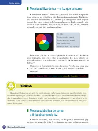 Ensino Médio

                             z Mescla aditiva de cor – a luz que se soma
                                 A mescla (ou mistura) aditiva de cor recebe este nome porque tra-
                             ta da soma da luz colorida, e não da matéria propriamente dita (já que
                             esta absorve, diminuindo a luz). Tudo o que enxergamos é luz, e quan-
                             to mais luz, mais próximos do branco chegamos. Então, quando mis-
                             turamos luzes coloridas, deixamos o local mais claro, ou seja, estamos
                             somando cor, por isto a palavra aditiva.


                                                                     Para Saber
                                                                     Vermelho + azul = magenta
                                                                     Vermelho + verde = amarelo
                                                                     Verde + azul = ciano
                                                                      Vermelho + verde + azul = branco.



                                Lembre-se que isto acontece apenas se somarmos luz. Se somar-
                             mos pigmento, não serão estas as resultantes. Por isso, alguns au-
                             tores chamam as cores da mescla aditiva de cor luz conforme cita o
                             Folhas 7.
                                O arco-íris se forma também por estas cores. Perceba que entre uma
                             e outra está o resultado da soma acima, pois é a mistura das duas.
                                Observe:

                              vermelho - Magenta - Lilás - azul - ciano - verde - Amarelo - Laranjado - Vermelho




            	         PESQUISA

        Quando você observar um arco-íris, preste atenção na formação das cores, sua intensidade, e co-
     mo ocorre a passagem de uma cor à outra. Você notará que não são faixas com cores inteiras, chapa-
     das e separadas como no desenho animado, mas que estas cores vão passando gradativamente de
     uma cor à outra, formando uma imensidão de tonalidades entre elas, que são as cores que somos ca-
     pazes de perceber.



                             z Mescla subtrativa de cores:
                               a tinta absorvendo luz
                               A mescla subtrativa, por sua vez, se dá quando misturamos pig-
                             mentos, por exemplo: tinta. É por isso que as cores utilizadas na mes-

278 Movimentos e Períodos
 