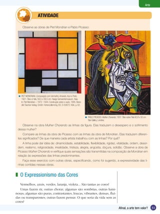 Arte


            	          ATIVIdAdE

     Observe as obras de Piet Mondrian e Pablo Picasso:




 < PIET MONDRIAN. Composição com Vermelho, Amarelo, Azul e Preto,
   1921. Óleo s/ tela, 59,5 x 59,5 cm. Haags Gemeentemuseum, Haia.
   In: Piet Mondrian – 1872 -1944. Construção sobre o vazio, 1995, Bene-
   dikt Taschen Verlag. GmbH. Hohenzollernring. B3, D-50672. Köln, p. 62.



                                                                            < PABLO PICASSO. Mulher Chorando, 1937. Óleo sobre Tela 60,8 x 50 cm.
                                                                              Tate Gallery, Londres.

    Observe na obra Mulher Chorando as linhas da figura. Elas traduzem o desespero e o sofrimento
 dessa mulher?
     Compare as linhas da obra de Picasso com as linhas da obra de Mondrian. Elas traduzem diferen-
 tes significados? De que maneira cada artista trabalhou com as linhas? Por quê?
     A linha pode dar idéia de: dinamicidade, estabilidade, flexibilidade, rigidez, vitalidade, ordem, desor-
 dem, realismo, religiosidade, irrealidade, tristeza, alegria, angústia, doçura, solidão. Observe a obra de
 Picasso Mulher Chorando e verifique quais sensações são transmitidas na composição de Mondrian em
 relação às expressões das linhas predominantes.
    Faça esse exercício com outras obras, especificando, como foi sugerido, a expressividade das li-
 nhas contidas nessas obras.


z O Expressionismo das Cores
   Vermelhos, azuis, verdes, laranja, violeta... São tantas as cores!
   Umas fazem rir, outras chorar; algumas são sombrias, outras lumi-
nosas; algumas são puras, contrastantes, loucas, vibrantes, densas, fluí-
das ou transparentes; outras fazem pensar. O que seria da vida sem as
cores?
                                                                                                                  Afinal, a arte tem valor?           31
 